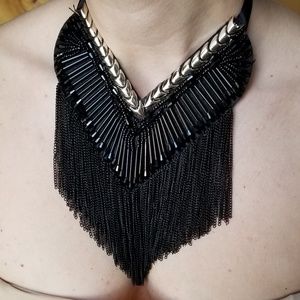 Black V Tassel, Statement, Metal Multi Strand Neck